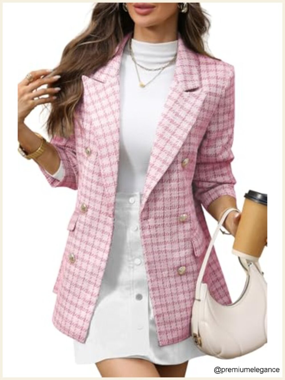 Women's Oversized Plaid Tweed Blazer Boyfriend Jacket
